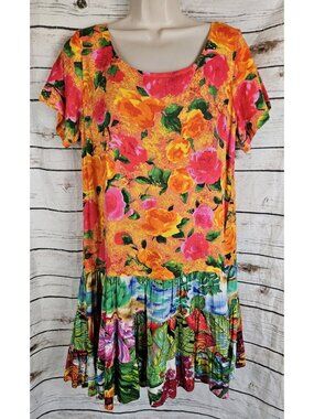 Jams World Rose  Floral Hattie Ruffle Dress L Hawaiian Crinkle Rayon Tropical